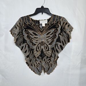 Thums Up Vintage Womens Black Silver‎ Orange Butterfly Open Weave Glam Blouse M